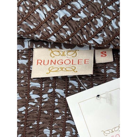 Rungolee Tahiti Floral Smocked Silk Top Blue Coffee Sleeveless Boho op NEW Sz S - Picture 12 of 16